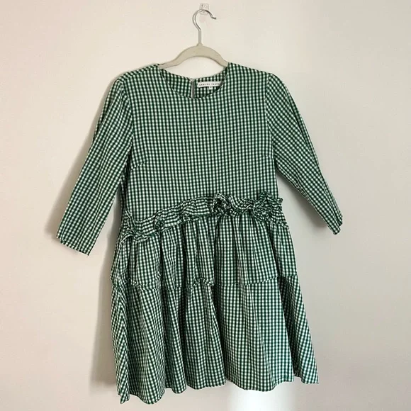 ENGLISH FACTORY Ruffled Mini Dress — Size S, Gingham Green - Picture 2 of 4